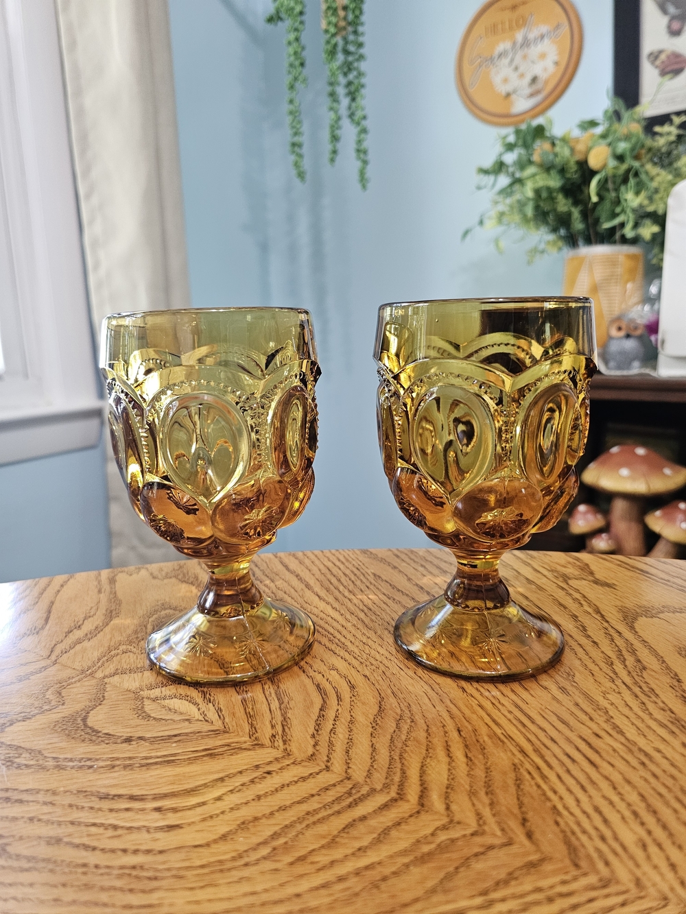 Vintage L.E. Smith Amber Glass Moon and Stars Footed Goblets Pair Water Cups
